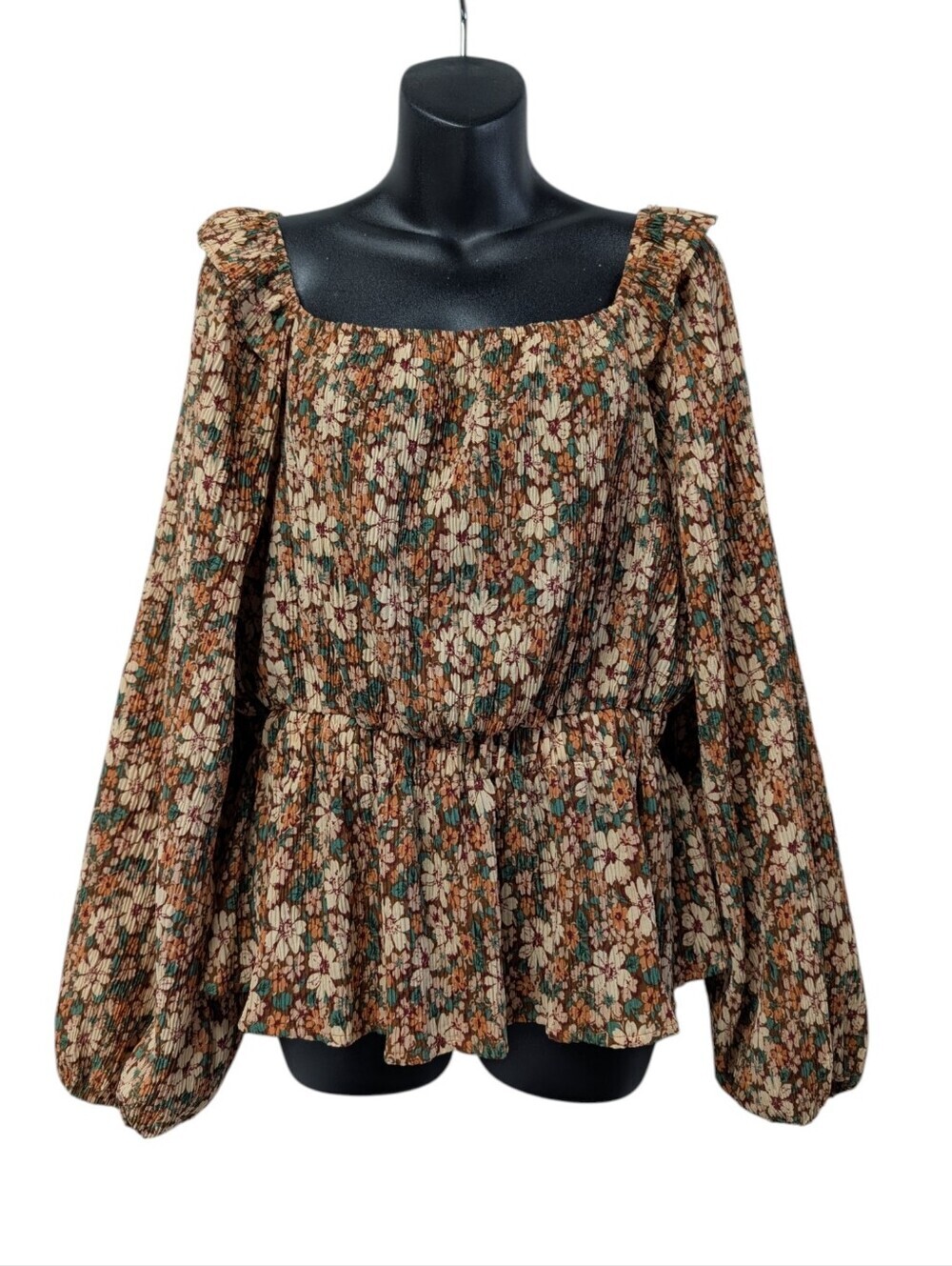 Hayden Los Angeles Plisse Floral Blouse Sz L Smocked Waist Peplum Balloon Sleeve